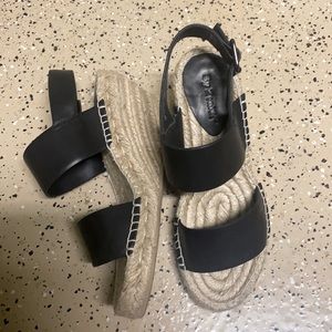 Brand New vacation style wedge sandal, Black leather textile lining, 3 inch heel
